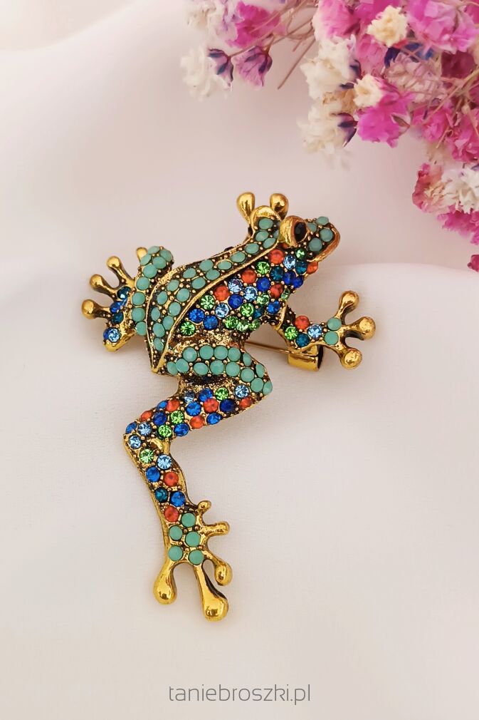 Broszka żabka, pięknie zdobiona cyrkoniami