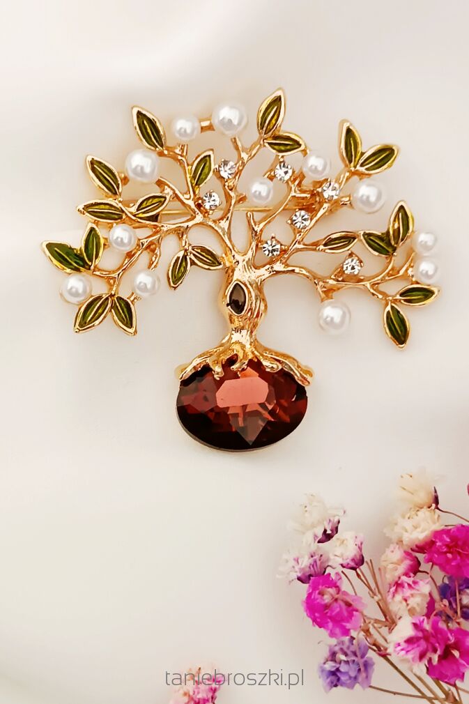 Śliczna broszka z kamieniem i perełkami w kształcie drzewka