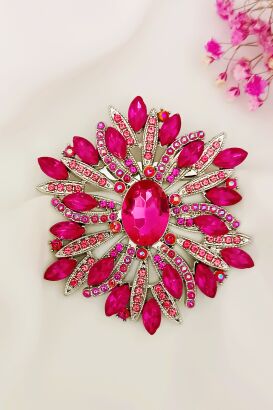 Duża kobieca broszka srebrno różowa